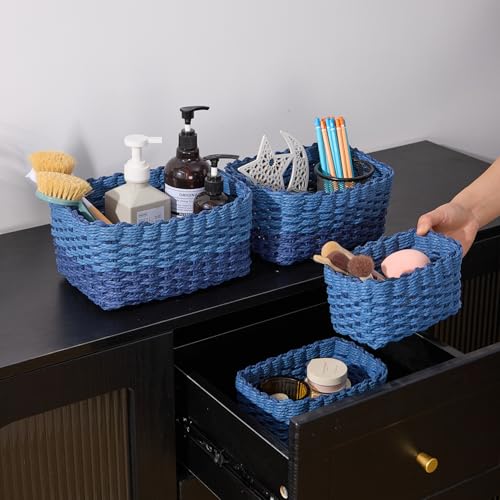 4PCS Woven Storage Baskets Set, Small Baskets for Organizing, Square Handwoven Paper Rope Organizer Bins for Shelves and Home Storage (Blue) - color: Blue