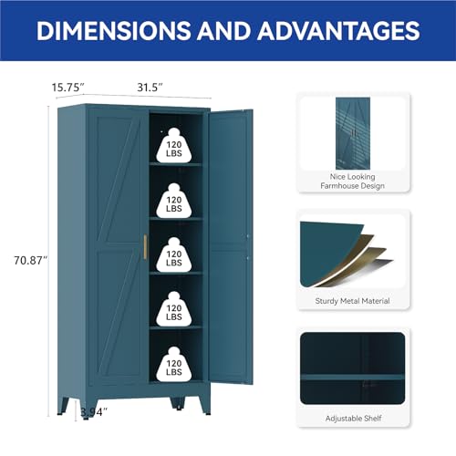 COFaR 71'' Tall Metal Storage Cabinet, Farmhouse Kitchen Pantry Cabinet with Doors and 4 Adjustable Shelves, Metal Pantry Storage Cabinets for Kitchen, Laundry, Peacock Blue 5-Tier - color: Peacock Blue, size: 71 Tall 2 Doors-Tree Door