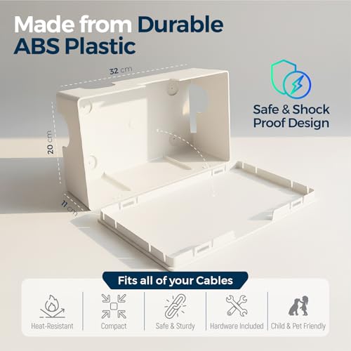Cable Management Box with Included Mounting Hardware – ABS Cord Organizer (12,7 x 7,8 x 4,5 in) | Heat-Tolerant Power Strip & Cable Storage | Wall-Mountable or Floor Use - color: White