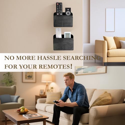 LINFIDITE 2 Pack Adhesive TV Remote Control Holder Wall Mount TV Remote Holder For Bedside Wall Remote Control Caddy Storage Organizer Stand Box （For 2 Or 4 Remote Controls – Black） - color: Gloss Black, size: 2 Pcs Fxed Dividers