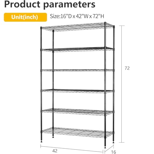 BestOffice | 6-Tier Wire Storage Shelves | 42x16x72 | Black | with Adjustable Racks | Heavy-Duty Metal Shelf, Holds Upto 1500 lbs | No-Tool Assembly | Ideal for Home & Garage Shelving - color: Black, size: 42"D x 16"W x 72"H