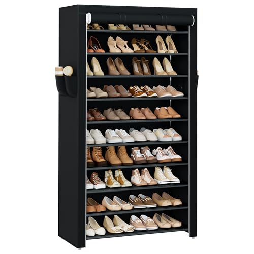 CASAMAYA Shoe Rack with Covers, 10 Tiers Tall Shoe Rack Organizer, Large Capacity Shoe Shelf Storage, Hold 40 Pairs of Shoes, Vertical Shoe Storage Organizer for Closet, Entryway, Black, SRT104B01 - size: 30.1"W - 10 Tier