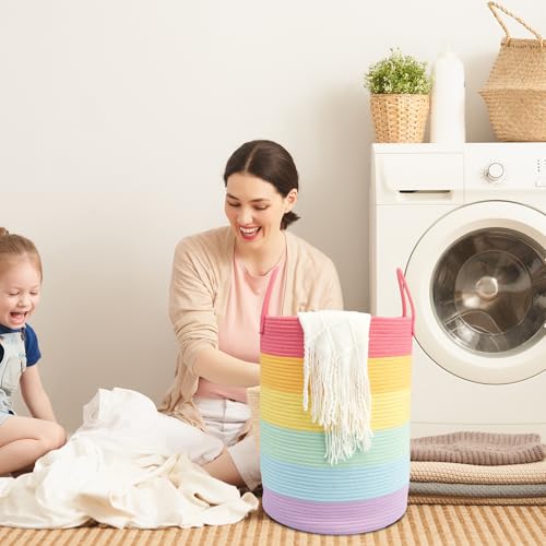 Woven Cotton Rope Laundry basket-15”X20” Laundry Hamper-Rope Storage Basket for Dirty Clothes, Toys and Blankets Perfect for Bathroom, Baby nursery and Living Room Storage (rainbow) - color: rainbow, size: regular