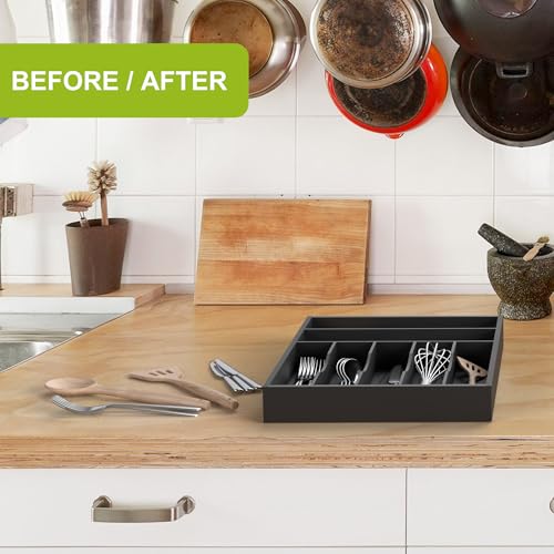 Unibambou Sliverware Organizer, Bamboo Kitchen Drawer Organizer, Flatware Organizer Tray Holder for Sliverware, Utensil & Cutlery (Black, 7 Slots) - color: Black, size: Large 12.5x16.5 Inch