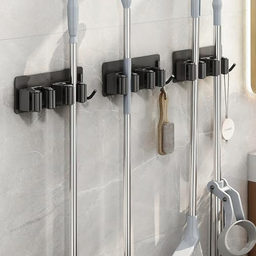 Broom Holder Wall Mount No Drill,Broom and Mop Organizer Wall Hanging Heavy Duty with Hooks Hanger, Self Adhesive Stainless Steel Broom Organizer for Bathroom, Kitchen, Laundry Room Storage (6Pcs)