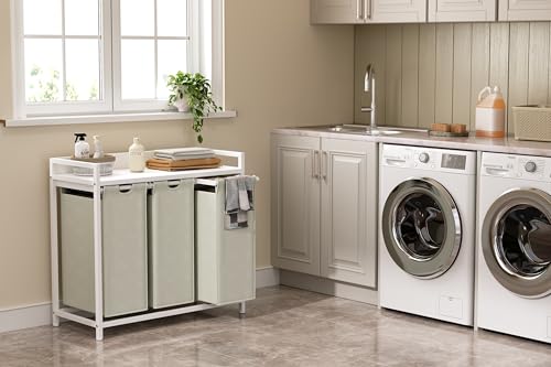 Herture Laundry Hamper with Shelf, Laundry Basket 3 Section, Laundry Sorter with Pull-Out Removable Large Bags and Movable Wheels, Metal Frame, 3 x 15.87 Gallons (60L), White PF04XLW - color: White, size: 3 Bags-180 L