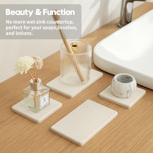 Razborci 4PCS Bathroom Sink Vanity Trays, Diatomaceous Earth Quick Stone Drying Mat Kitchen Counter Dish Soap Dispenser Sponge Holder, Water Absorbing Caddy Organizer for Bottle & Cup, Beige - color: 4 Pack - Beige, size: 9" X 3.5"