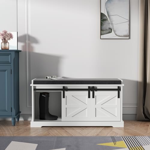 Loomie Shoe Storage Bench, 2-Tier Farmhouse Entryway Bench with Sliding Barn Door Storage Cabinets & Full Soft Removable Seat Cushion, Silm Shoe Rack with Shoe Cabinet for Entryway, Hallway, Bedroom