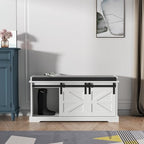 Loomie Shoe Storage Bench, 2-Tier Farmhouse Entryway Bench with Sliding Barn Door Storage Cabinets & Full Soft Removable Seat Cushion, Silm Shoe Rack with Shoe Cabinet for Entryway, Hallway, Bedroom