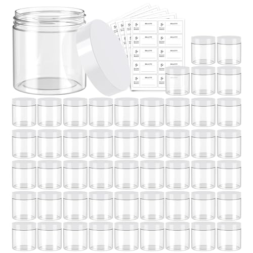 50 Pack 4 OZ Plastic Jars Round Clear Cosmetic Container with White Lids, Eternal Moment Slime Jars for Lotion, Cream, Ointments, Makeup, Eye shadow, Rhinestone, Samples, Pot, Travel Storage - color: White Lid, size: 4 Ounce