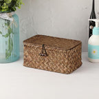 Handwoven Seagrass Basket Wicker Shelf Basket with Lid Rectangular Multipurpose Desktop Organizer Bin for Key Remote Control, Small,7.0" x 4.3" x 3.3" - size: 7.0"L x 4.3"W x 3.3"H
