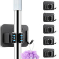 5 Pack Heavy Duty Mop and Broom Holder Wall Mount, No Drill Self Adhesive Stainless Steel Hanger with Hooks, Anti-Slip Tool Organizer for Bathroom, Kitchen, Garage, Laundry Room (5, Black) - color: Black-5