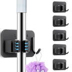 5 Pack Heavy Duty Mop and Broom Holder Wall Mount, No Drill Self Adhesive Stainless Steel Hanger with Hooks, Anti-Slip Tool Organizer for Bathroom, Kitchen, Garage, Laundry Room (5, Black) - color: Black-5