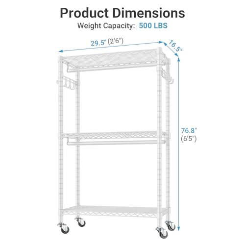 VIPEK R2 Medium Heavy Duty Clothes Rack Rolling Clothing Rack Adjustable Metal Wire Shelving Portable Closets with Double Hanging Rods, Side Hooks, Freestanding Closet Racks Wardrobe, White - color: White, size: R2 Medium