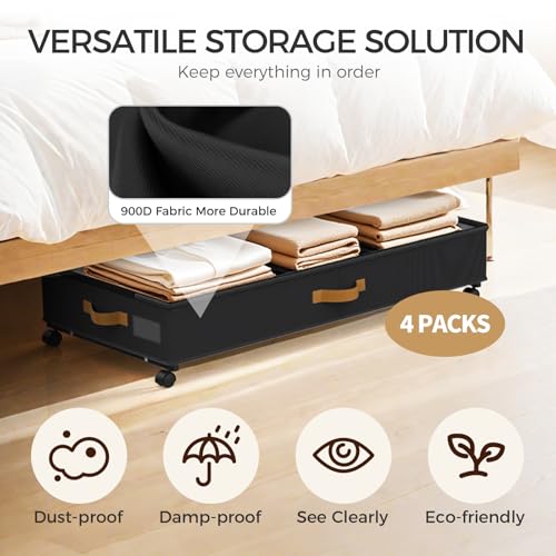 Under Bed Storage with Wheels 4-Pack, 75L XXL Under the Bed Storage Containers Large, 12" Tall Adjustable Storage for Underbed with Lids, Rolling for Shoes, Clothes, Blankets (4PCS-Black) - color: 4PCS-Black