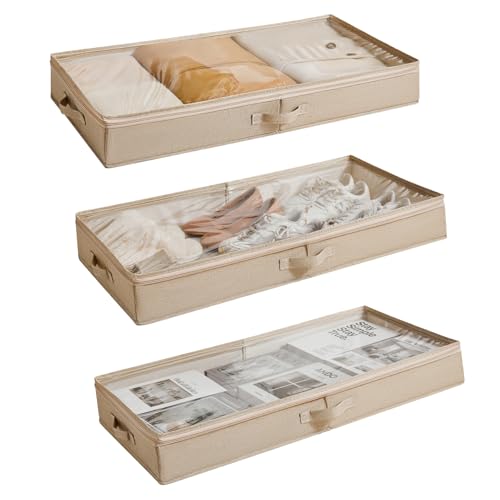 Berdeng 3 Pack Under Bed Storage Containers, Low Profile Underbed Shoes and Clothes Storage Organizer with Sturdy Sidewalls/Bottom, Large Dorm Storage Bins,33 * 17 * 4.5 inches,45L - color: Beige 3 Pack