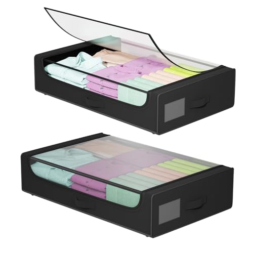 FDW Under Bed Storage Containers 2-Pack Closet Organizers Foldable Storage Bins with Clear Window Storage Containers for Shoes and Books, Black - color: Black