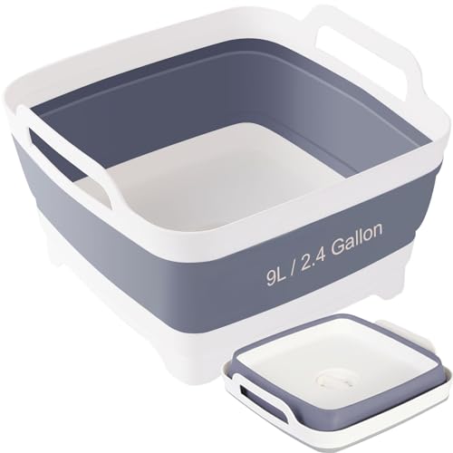 Collapsible Dish Basin & Sink Tub with Drain Plug – 2.4 Gal Baby Bottle Wash Basin, Bottle Washing Bin for RV, Camping, Kitchen | Collapsible Water & Bottle Basin (Grey) - color: Grey 1