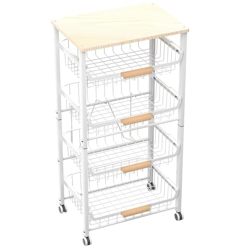 NiuYichee 5-Layer Fruit Basket Kitchen Food Storage Organizer and Storage Rack, Stackable Storage cart with Desktop, Pull-Out Hollow Metal Storage Basket, Wheeled Sorting Rack Spice Rack - color: White 5-layer Rack