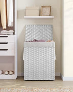 SONGMICS Laundry Hamper with Lid, 23.8 Gallon (90 L) Synthetic Rattan Clothes Laundry Basket with Lid and Handles, Foldable, Removable Liner, Cloud White ULCB51WT - color: Cloud White, size: 90 L