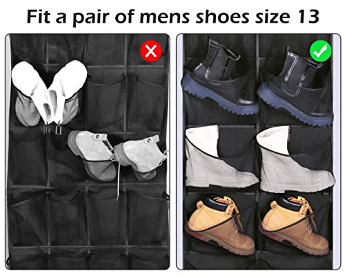 KIMBORA Boots Hanging Shoe Organizer for Closet 12 Extra Large Mesh Pockets Over The Door Shoe Rack for Men Shoes Size 16, Black - color: black