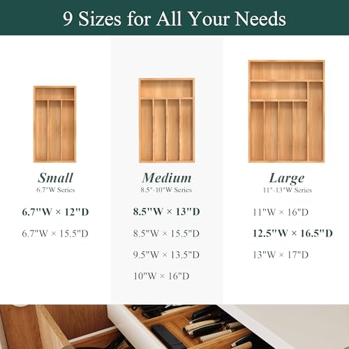 Bamboo Silverware Organizer, Kitchen Drawer Organizer, Utensil Holder, Cutlery Tray & Spoon Flatware Storage with Grooved Drawer Dividers (12.5''W x 16.5''D) - color: Natural, size: 12.5''W x 16.5''D