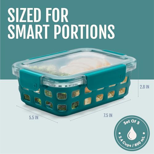 Ello Duraglass 3.4 Cup Meal Prep Sets 10Pc, 5 Pack Set- Glass Food Storage Container with Silicone Sleeve and Airtight BPA-Free Plastic Lids, Dishwasher, Microwave, and Freezer Safe, Melon - color: Melon, size: 3.4 Cup