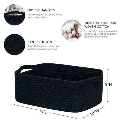 CubesLand Cute and Durable Small Cotton Rope Basket for Organizing, Woven Closet Storage Bin,Shelves Closet Storage Basket, Bathroom Storage Organizer Bin, Nursery Toy Basket Bin, Black Basket - color: Black, size: 14''x10''x5''