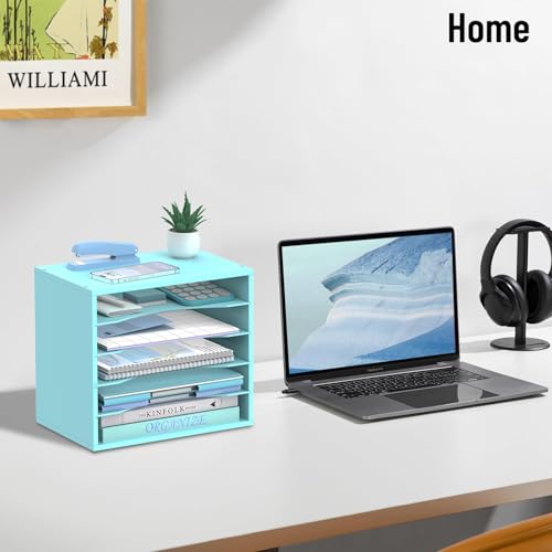 5-Tier Wood Desk Organizer, Paper Tray Organizer for Desk with Adjustable Storage Shelves, Desktop File Organization Paper Sorter Mail Holder for Office Home Classroom, Blue - color: Blue, size: 5 Tier