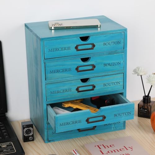 Wooden Storage Box with 5 Drawers Apothecary Drawers Vintage Wooden Drawers Wood Desktop Organizer with Drawer Library Card Catalog Cabinet Apothecary Cabinet （BLUE） - color: BLUE05