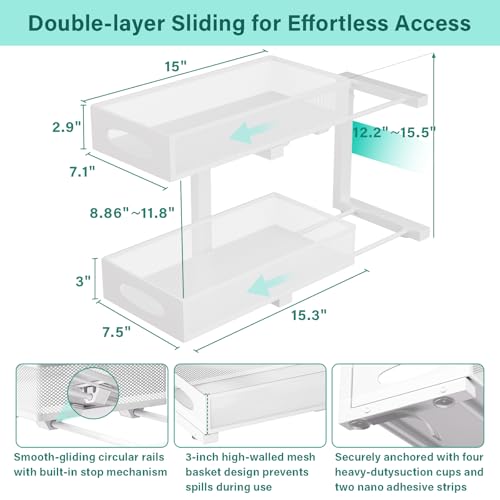 Under Sink Organizer, 1 Pack 2 Tier Metal Slide Out Pull Out Cabinet Organizer Shelf, Height Adjustable Organization and Storage Series, Bathroom/Desktop/Cabinet/Kitchen organization, White - color: White - Single Pack, size: Standard Version