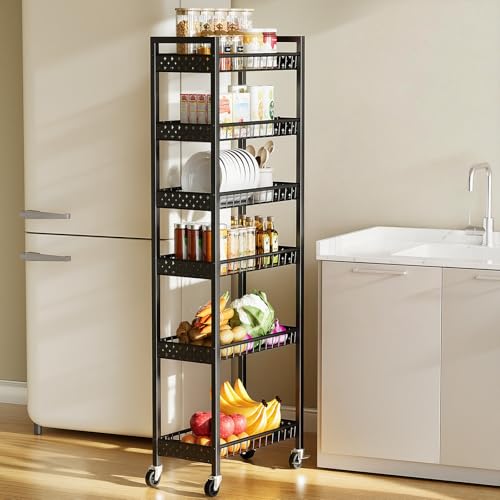 6 Tier Slim Storage Cart, Narrow Rolling Cart with Wheels, Narrow Mobile Utility Shelf Unit Organizer for Kitchen, Bathroom, Laundry Room, Living Room, Small Places, 10in(W), Black - color: Black, size: 6 Tier(10 Inches)