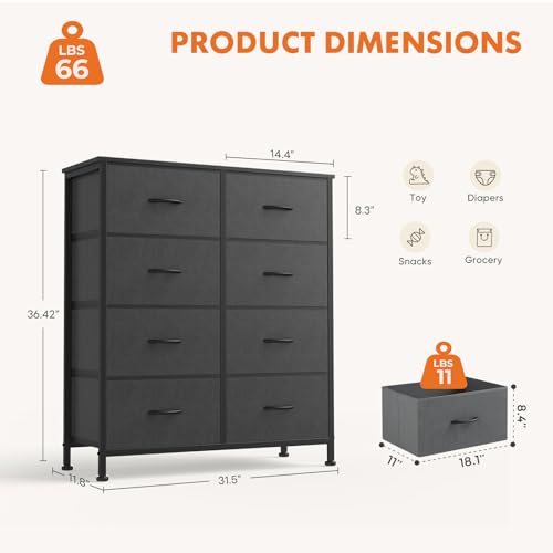Sweetcrispy Dresser for Bedroom, Fabric Dresser with 8 Drawers, Chest of Drawers for Closet, Living Room, Sturdy Steel Frame, Wooden Top, Easy Pull Handle, Ash - color: Ash, size: 31.5"D x 11.8"W x 36.4"H (8 Drawers)