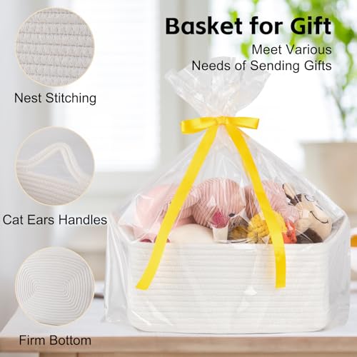 OIAHOMY Woven Basket, Gift Basket Empty with Gift Bags and Ribbons, Rope Baskets for Baby Showers, Storage Baskets with Handles for Nursery, Pet Toy Organizer - White - color: White, size: Medium: 13.5L*10W*6H