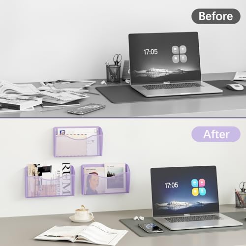 EasyPAG 3 Pack Wall File Organizer, Metal Mesh Hanging File Folder Holder for Letter/A4 Size Folders, Vertical Wall Mount Mail Sorter for Office Paperwork, Classroom, Purple - color: Purple