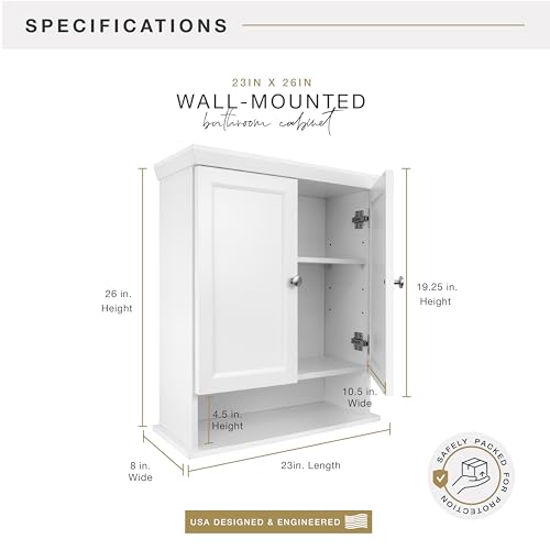 MCS 23x26 White Medicine Cabinet Organizer, Wall Mounted Bathroom Cabinet for Over-The-Toilet Storage, Bathroom Furniture & Restroom Organizer - size: 23x26 2-Door