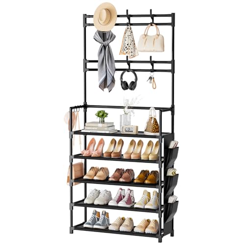 OYREL Shoe Rack 5 Tier Shoe Organizer Storage 15-20 Pairs Shoes Rack for Closet Entrance Shoe Rack Organizer with Hooks and Side Pocket Entryway Shoe Holder Space Saving Free Standing Shoe Racks - color: Black, size: 5 Tier (23.6"Wx 61.4"H)