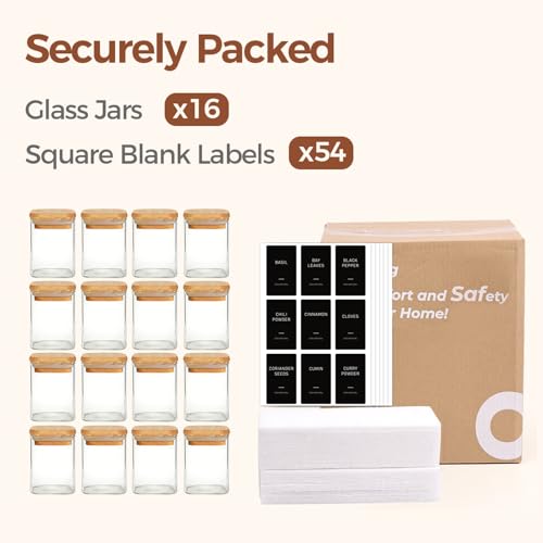 ComSaf Spice Jars with Label 4oz 16 Pack, Glass Spice Jars with Bamboo Lid, Mini Seasoning Containers with 54 Black Labels, Stackable for Kitchen, Pantry Organization, Loose Tea, Herbs, Powders, Salt - size: 4oz*16
