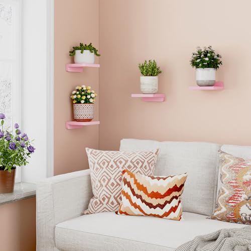 Fixwal Pink Shelves, 5x5 Inches Small Wall Shelf Set of 4, Rustic Wood Floating Wall Mounted Shelves for Bedroom, Living Room, Kitchen, Bathroom Decor (Pink) - color: Pink