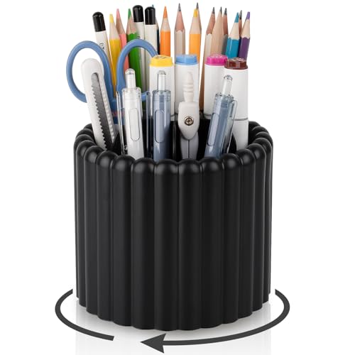 Anyoifax 360° Rotating Pen Holder 7 Slots Desk Organizer Removable Pencil Cup Plastic Art Supplies and Accessories Desktop Storage Box Caddy for Office, School, Home (Black) - style: Stripe Black