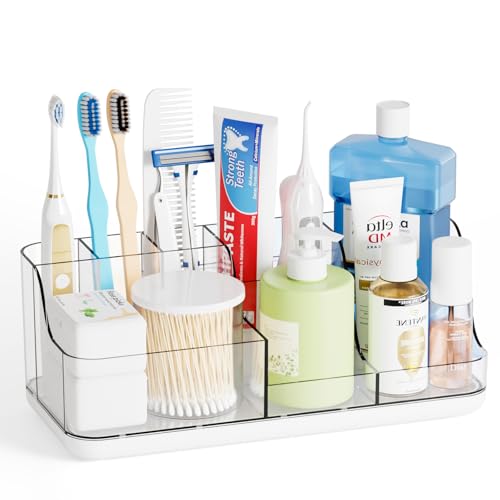 Yieach Mens Bathroom Organizer Countertop,Bathroom Sink Caddy Countertop Storage,White 7 Slot Vanity Bathroom Toiletry Organizers and Toothbrush Holders for Toothpaste,Electric Tooth Brush Organizer - color: White+clear