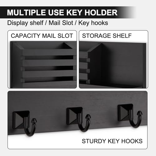 Key Holder Wall Mount, Mail Organizer for Wall with 5 Square Rustic Key Hooks Key Shelf Farmhouse Home Decor for Entryway - color: Black
