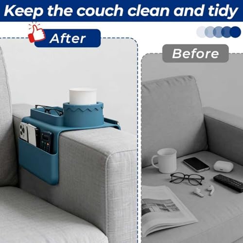 Silicone Couch Cup Holder Tray, 3-Side Sofa Armrest Organizer with Secure Gear-Shaped Locking Holder & Large Tablet Slot, Non-Slip Weighted Armchair Caddy, Couch Accessories (Navy Blue) - color: Navy Blue