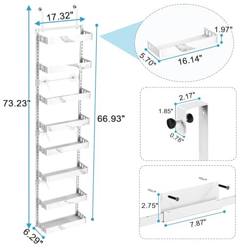 BUKFEN 8-Tier Over the Door Pantry Organizer, 2-in-1 Door Hanging or Wall Mounted Spice Rack, Heavy Duty Metal Storage Shelves with Adjustable Baskets for Kitchen Bathroom Closet - color: White pole marble color, size: 8 Tier