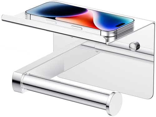 FORIOUS Toilet Paper Holder with Shelf, Adhesive or Screw Wall Mount Toilet Roll Holder for Bathroom, Rustproof 304 Stainless Steel Commercial Toilet Tissue Holder with Phone Shelf, Chrome - color: Chrome
