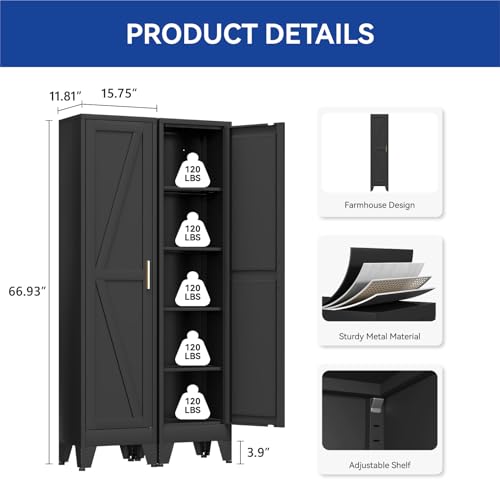 COFaR 67'' Tall Narrow Bathroom Storage Cabinet, Metal Farmhouse Skinny Pantry Cabinet with 4 Adjustable Shelves and One Door, Slim Cabinet Storage for Kitchen Garage, 5-Tier Black - color: Black, size: 67 Tall Single Door-Farmhouse