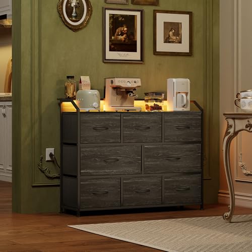 WLIVE Led Dresser for Bedroom, TV Stand for Bedroom with LED Lights and Power Outlet, Wide Chest of Drawers for Hallway, 8 Fabric Drawers for Living Room and Entryway, Charcoal Black Wood Grain Print - color: Charcoal Black Wood Grain Print, style: 8 Draw