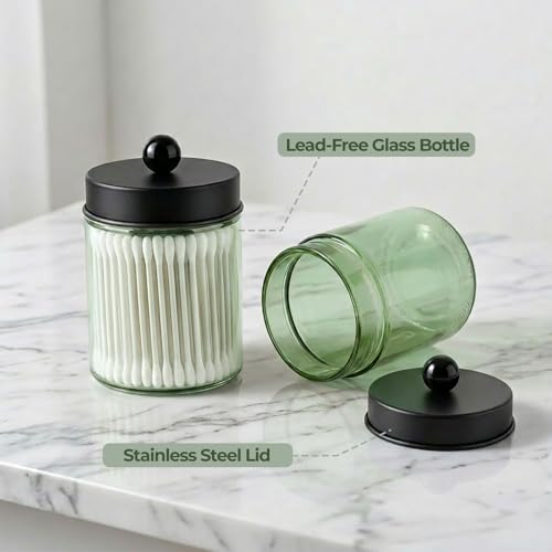 Amolliar 4 Pack Apothecary Jars Bathroom Vanity Storage Organizer Set -Countertop Canister with Stainless Steel Lids &Stickers Qtip Dispenser Holder for Cotton Swab (Green-black Lid) - color: Green-Black Lid