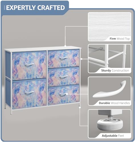 Sorbus Kids Dresser with 5 Drawers - Storage Chest Organizer Unit with Steel Frame, Wood Top & Handles, Tie-dye Fabric Bins for Clothes - Wide Furniture for Bedroom Hallway Kids Room Nursery & Closet - color: Blue Tie Dye, style: 5-Drawer