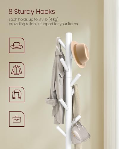 VASAGLE Coat Rack, Free Standing Coat Stand, Hall Coat Tree with 8 Hooks and Storage Shelf, 69.2 Inch Tall, for Coats, Hats, Bags, for Entryway, Hallway, Bedroom, Cloud White URCR033W01 - color: Cloud White, style: round tray